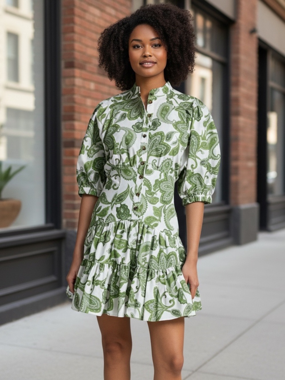 BCBG Green Paisley Print Button Up Puff Sleeve Shirt Mini Dress Women’s 14 FALL